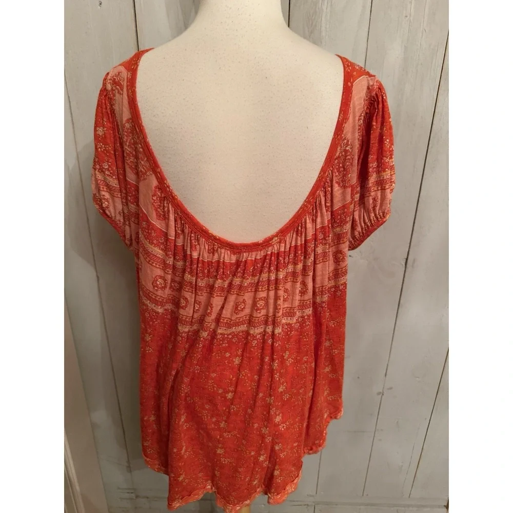 Free People Fruit Punch Combo Top S Paisley Boho Puff‎ Sleeves Oversized Red